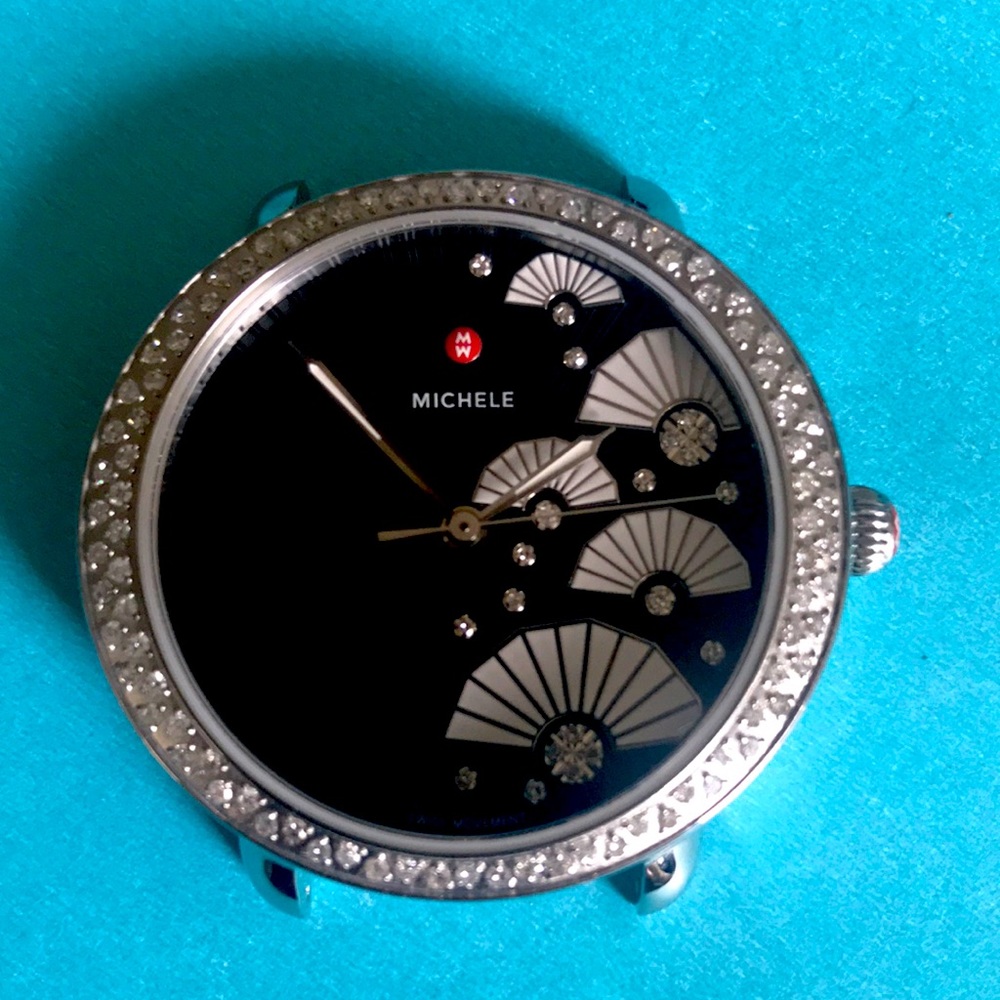 Michele Serein 16 black fan watch face diamonds.
